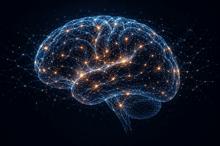 Digitales Gehirn mit neuronalen Netzwerken und Datenströmen.